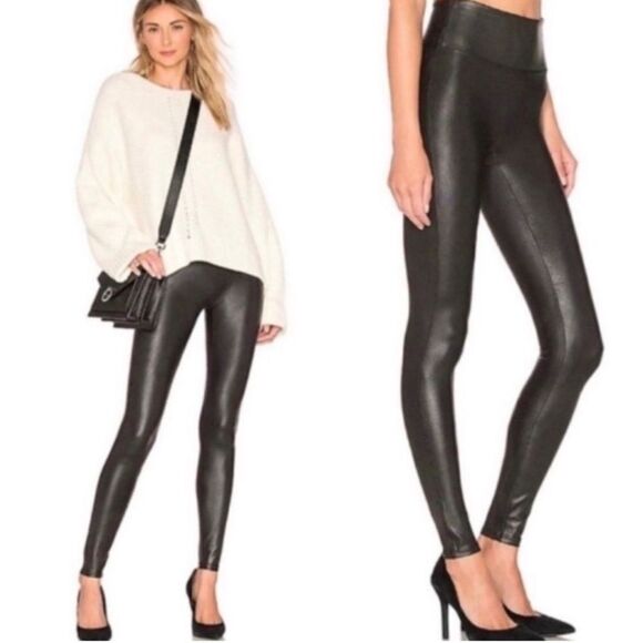 SPANX Faux Leather High Waisted Leggings in Black Size Large Petite Style 2437 - Picture 2 of 15